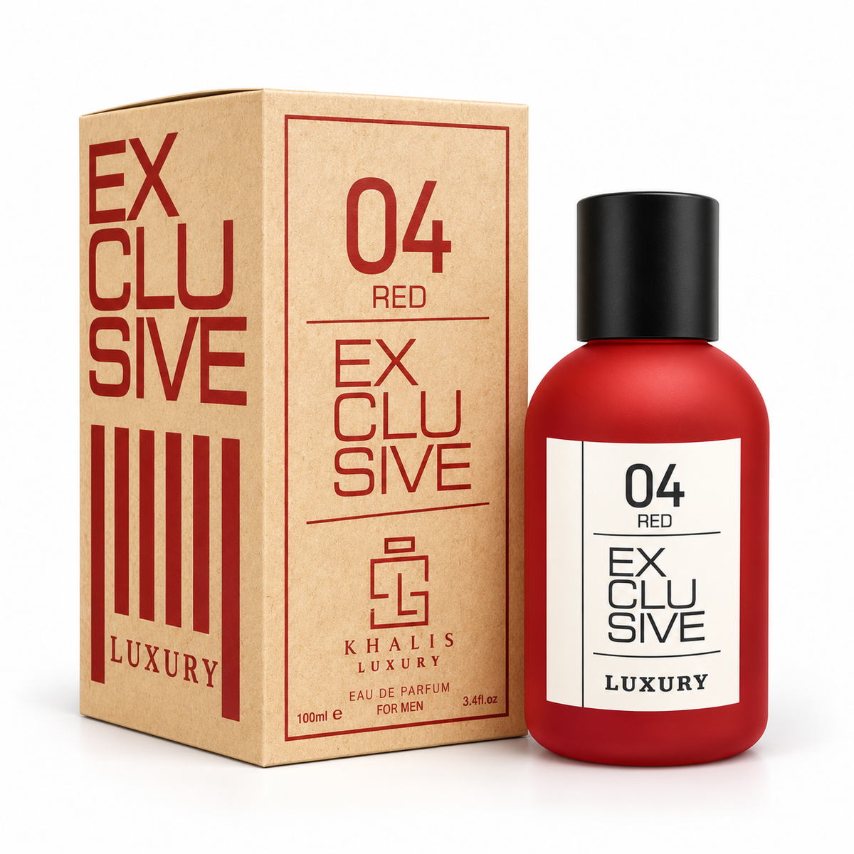 04 RED EXCLUSIVE KHALIS LUXURY boîte et flacon rouge sur fond blanc
