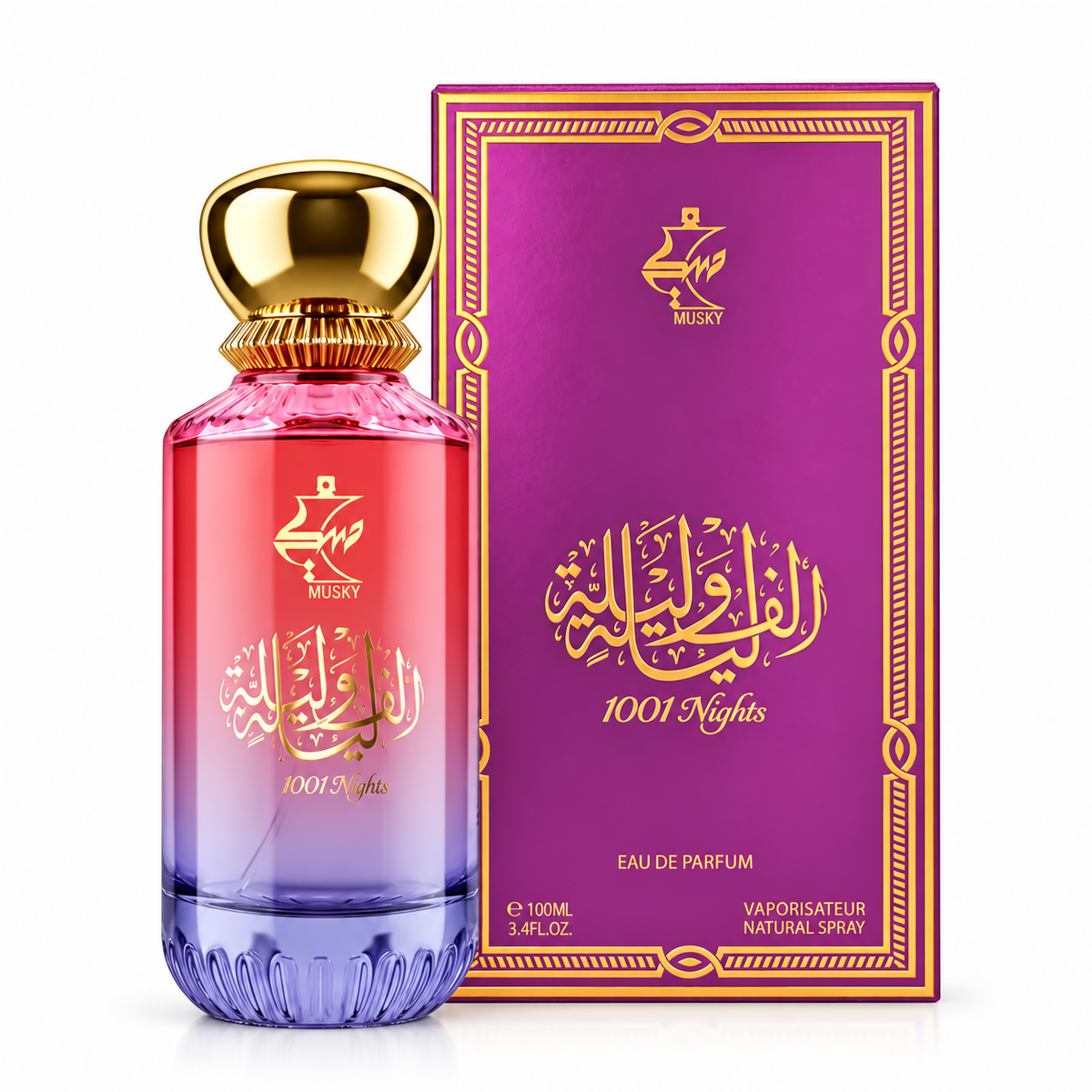 1001 Nights Musky 100 ml — flacon et boîte sur fond blanc