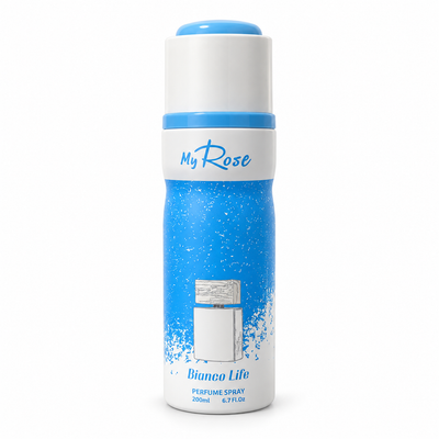 BIANCO LIFE MY ROSE DAMAS ROSE – Spray parfumé homme 200 ml, flacon bleu et blanc centré sur fond blanc