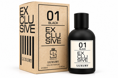 01 BLACK EXCLUSIVE KHALIS LUXURY – boîte beige et flacon noir sur fond blanc