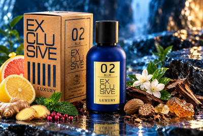 02 BLUE EXCLUSIVE – KHALIS LUXURY, boîte et flacon bleu en ambiance fraîche boisée avec agrumes et épices