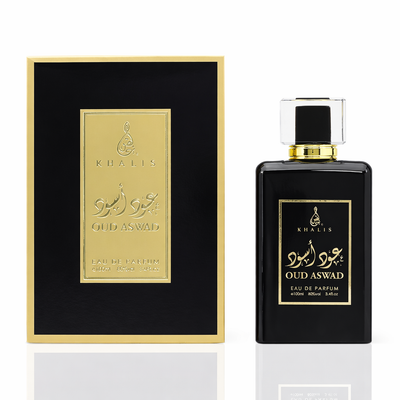 Parfum oriental OUD ASWAD en flacon de 100ml, présentation élégante avec boîte stylée.