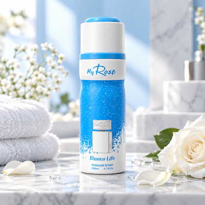 BIANCO LIFE spray parfumé 200 ml dans une ambiance bleue et blanche